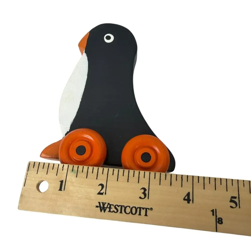 Vintage Wooden Penguin Rolling Push Toy Animal Toy Orange Wheels 4in Montessori‎